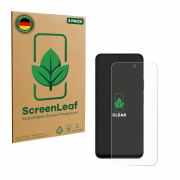 Parte frontal de un envase de producto con el logotipo de la marca ScreenLeaf. Al lado se muestra el dispositivo Honor X7d 4G 