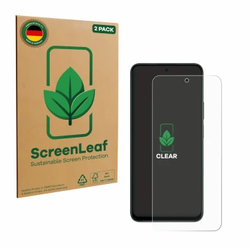Parte frontal de un envase de producto con el logotipo de la marca ScreenLeaf. Al lado se muestra el dispositivo Honor X7d 5G 