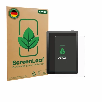 Parte frontal de un envase de producto con el logotipo de la marca ScreenLeaf. Al lado se muestra el dispositivo Bigme B6 Colo