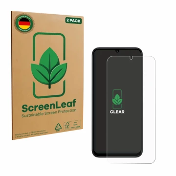 Parte frontal de un envase de producto con el logotipo de la marca ScreenLeaf. Al lado se muestra el dispositivo Xiaomi Redmi 