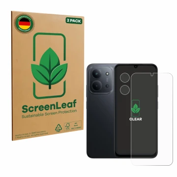 Parte frontal de un envase de producto con el logotipo de la marca ScreenLeaf. Al lado se muestra el dispositivo Xiaomi Redmi 