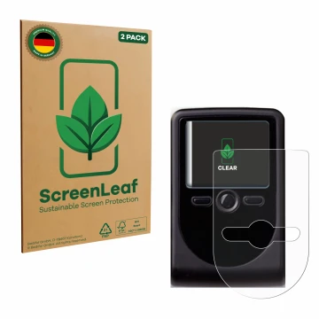 Parte frontal de un envase de producto con el logotipo de la marca ScreenLeaf. Al lado se muestra el dispositivo OneSpan DigiP