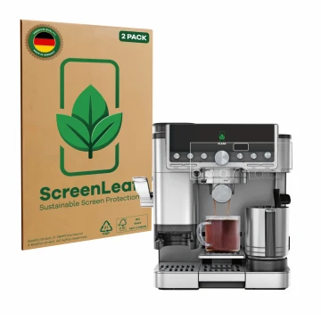 Parte frontal de un envase de producto con el logotipo de la marca ScreenLeaf. Al lado se muestra el dispositivo Ninja Luxe Ca