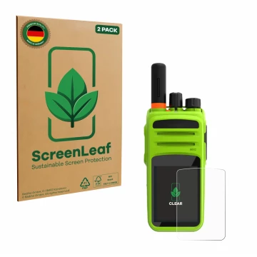 Parte frontal de un envase de producto con el logotipo de la marca ScreenLeaf. Al lado se muestra el dispositivo Talkpod N58 P