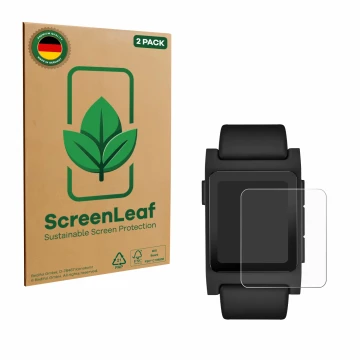 Parte frontal de un envase de producto con el logotipo de la marca ScreenLeaf. Al lado se muestra el dispositivo Pebble 2 Duo 