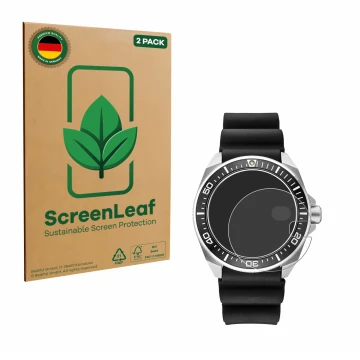 Parte frontal de un envase de producto con el logotipo de la marca ScreenLeaf. Al lado se muestra el dispositivo Seiko Prospex