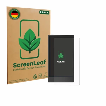 Parte frontal de un envase de producto con el logotipo de la marca ScreenLeaf. Al lado se muestra el dispositivo reMarkable Pa