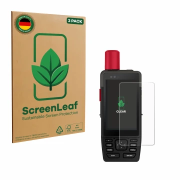 Parte frontal de un envase de producto con el logotipo de la marca ScreenLeaf. Al lado se muestra el dispositivo Garmin GPSMAP