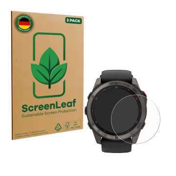 Parte frontal de un envase de producto con el logotipo de la marca ScreenLeaf. Al lado se muestra el dispositivo Garmin Fenix 