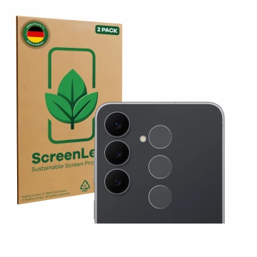 Parte frontal de un envase de producto con el logotipo de la marca ScreenLeaf. Al lado se muestra el dispositivo Samsung Galax