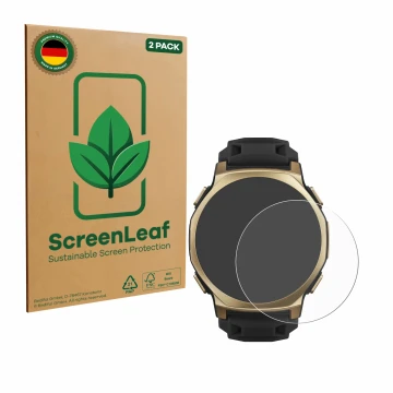 Parte frontal de un envase de producto con el logotipo de la marca ScreenLeaf. Al lado se muestra el dispositivo Huami Amazfit