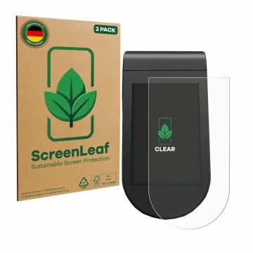 Parte frontal de un envase de producto con el logotipo de la marca ScreenLeaf. Al lado se muestra el dispositivo SoFlow SO4 Pr