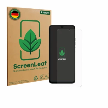 Parte frontal de un envase de producto con el logotipo de la marca ScreenLeaf. Al lado se muestra el dispositivo Motorola Moto