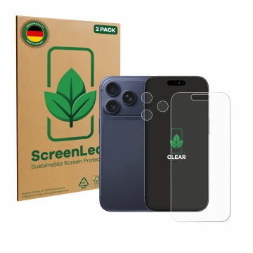 Parte frontal de un envase de producto con el logotipo de la marca ScreenLeaf. Al lado se muestra el dispositivo Apple iPhone 