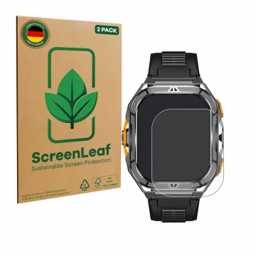 Parte frontal de un envase de producto con el logotipo de la marca ScreenLeaf. Al lado se muestra el dispositivo Stahlgear Tho