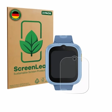 Parte frontal de un envase de producto con el logotipo de la marca ScreenLeaf. Al lado se muestra el dispositivo TCL Movetime 
