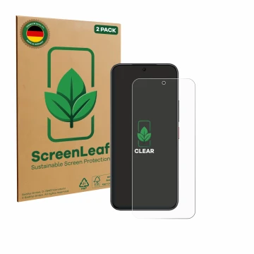 Parte frontal de un envase de producto con el logotipo de la marca ScreenLeaf. Al lado se muestra el dispositivo Nubia Air con
