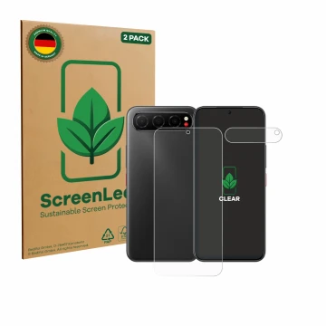 Parte frontal de un envase de producto con el logotipo de la marca ScreenLeaf. Al lado se muestra el dispositivo Nubia Air (Fr
