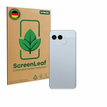 Parte frontal de un envase de producto con el logotipo de la marca ScreenLeaf. Al lado se muestra el dispositivo Telekom T Pho