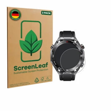 Parte frontal de un envase de producto con el logotipo de la marca ScreenLeaf. Al lado se muestra el dispositivo Huawei Watch 