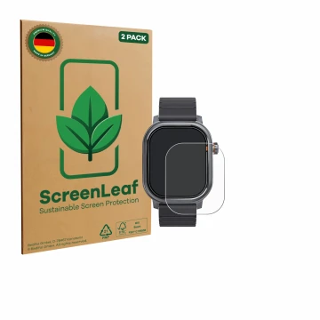 Parte frontal de un envase de producto con el logotipo de la marca ScreenLeaf. Al lado se muestra el dispositivo Kospet Pulse 