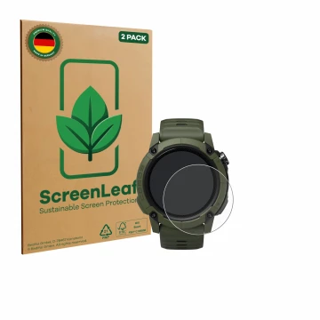 Parte frontal de un envase de producto con el logotipo de la marca ScreenLeaf. Al lado se muestra el dispositivo Coros NOMAD c