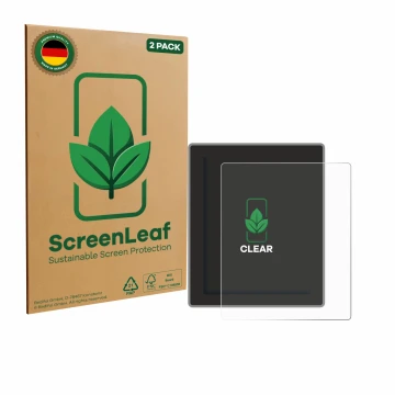 Parte frontal de un envase de producto con el logotipo de la marca ScreenLeaf. Al lado se muestra el dispositivo Peterson Stro