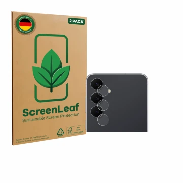 Parte frontal de un envase de producto con el logotipo de la marca ScreenLeaf. Al lado se muestra el dispositivo Samsung Galax