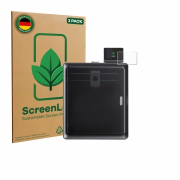 Parte frontal de un envase de producto con el logotipo de la marca ScreenLeaf. Al lado se muestra el dispositivo Anycubic Kobr