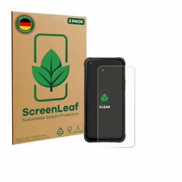Parte frontal de un envase de producto con el logotipo de la marca ScreenLeaf. Al lado se muestra el dispositivo Hammer Blade 