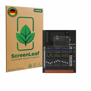 Parte frontal de un envase de producto con el logotipo de la marca ScreenLeaf. Al lado se muestra el dispositivo Behringer Win