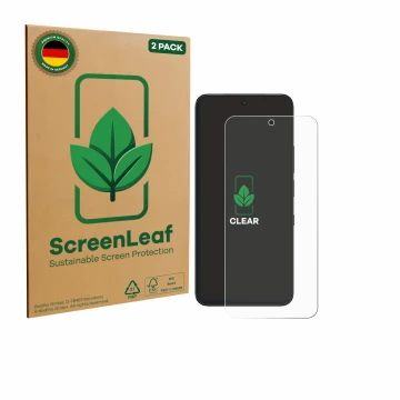 Parte frontal de un envase de producto con el logotipo de la marca ScreenLeaf. Al lado se muestra el dispositivo TCL NXTPAPER 