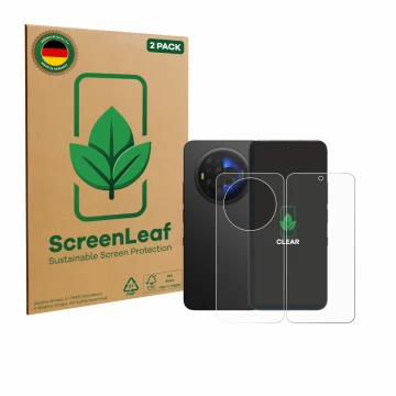 Parte frontal de un envase de producto con el logotipo de la marca ScreenLeaf. Al lado se muestra el dispositivo TCL NXTPAPER 