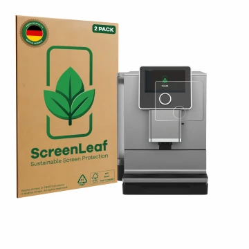 Parte frontal de un envase de producto con el logotipo de la marca ScreenLeaf. Al lado se muestra el dispositivo Nivona NICR 9