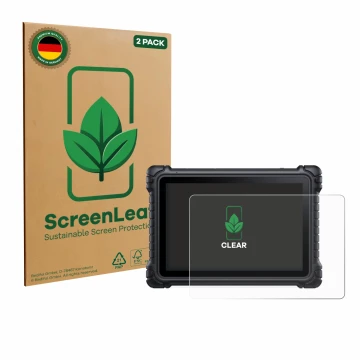 Parte frontal de un envase de producto con el logotipo de la marca ScreenLeaf. Al lado se muestra el dispositivo iCarsoft CR E