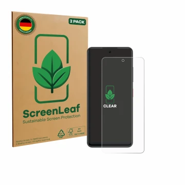 Parte frontal de un envase de producto con el logotipo de la marca ScreenLeaf. Al lado se muestra el dispositivo Nubia Focus c