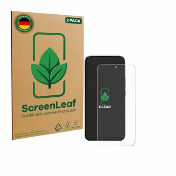 Parte frontal de un envase de producto con el logotipo de la marca ScreenLeaf. Al lado se muestra el dispositivo Xiaomi 15T Pr
