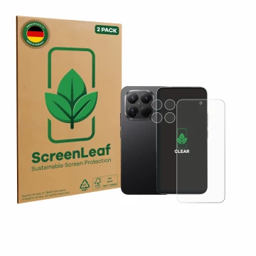 Parte frontal de un envase de producto con el logotipo de la marca ScreenLeaf. Al lado se muestra el dispositivo Xiaomi 15T Pr