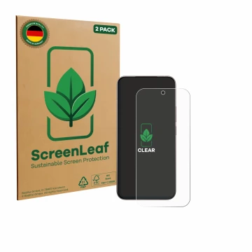 Parte frontal de un envase de producto con el logotipo de la marca ScreenLeaf. Al lado se muestra el dispositivo Xiaomi 17 con