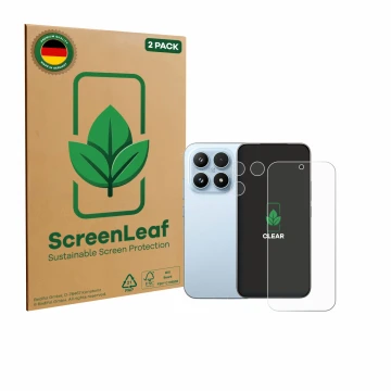 Parte frontal de un envase de producto con el logotipo de la marca ScreenLeaf. Al lado se muestra el dispositivo Xiaomi 17 (Fr