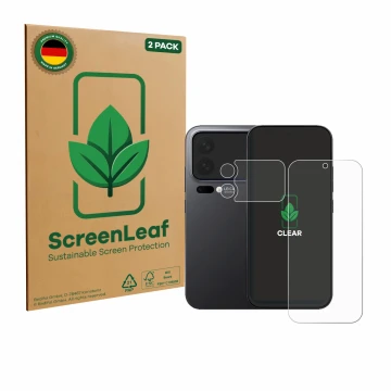 Parte frontal de un envase de producto con el logotipo de la marca ScreenLeaf. Al lado se muestra el dispositivo Xiaomi 17 Pro