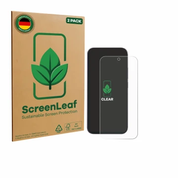 Parte frontal de un envase de producto con el logotipo de la marca ScreenLeaf. Al lado se muestra el dispositivo Xiaomi 17 Pro