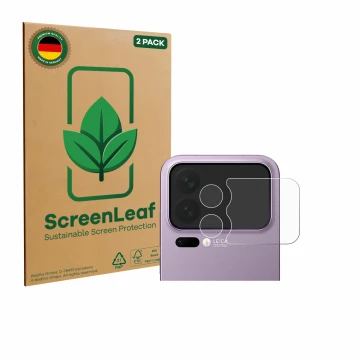 Parte frontal de un envase de producto con el logotipo de la marca ScreenLeaf. Al lado se muestra el dispositivo Xiaomi 17 Pro