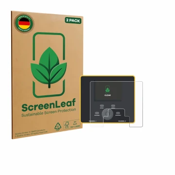 Parte frontal de un envase de producto con el logotipo de la marca ScreenLeaf. Al lado se muestra el dispositivo Junsi iCharge