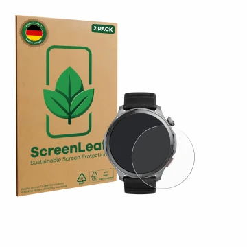 Parte frontal de un envase de producto con el logotipo de la marca ScreenLeaf. Al lado se muestra el dispositivo Huami Amazfit