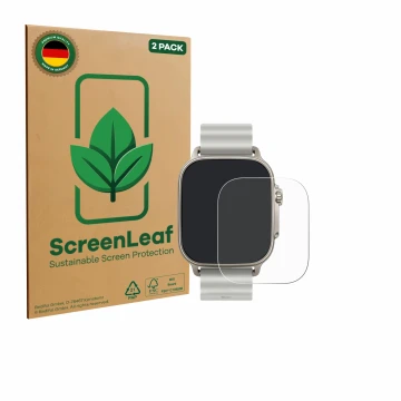 Parte frontal de un envase de producto con el logotipo de la marca ScreenLeaf. Al lado se muestra el dispositivo realme Watch 