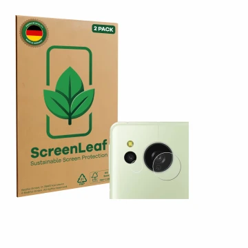 Parte frontal de un envase de producto con el logotipo de la marca ScreenLeaf. Al lado se muestra el dispositivo Sharp Aquos S