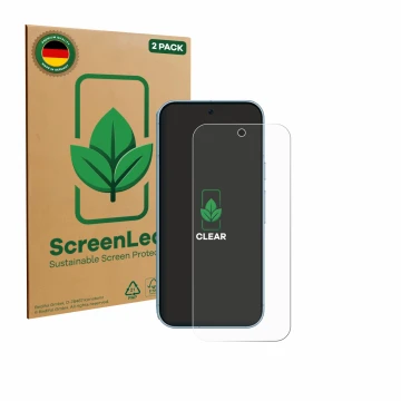 Parte frontal de un envase de producto con el logotipo de la marca ScreenLeaf. Al lado se muestra el dispositivo Google Pixel 