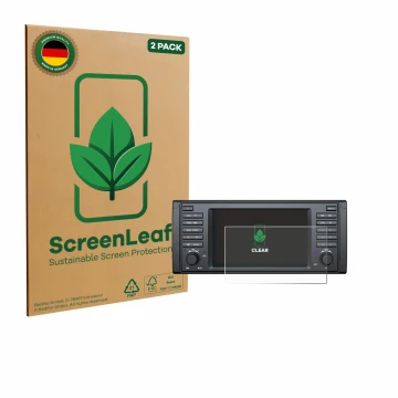 Parte frontal de un envase de producto con el logotipo de la marca ScreenLeaf. Al lado se muestra el dispositivo Eonon E39A12S