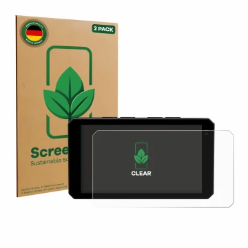 Parte frontal de un envase de producto con el logotipo de la marca ScreenLeaf. Al lado se muestra el dispositivo Chigee AIO-6 